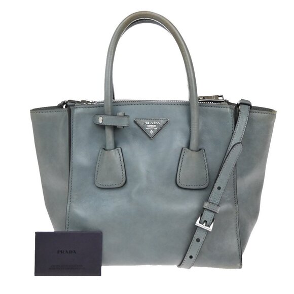 PRADA MILANO Logo 2Way Shoulder Hand Bag Leather Blue Silver Italy - Picture 1 of 16